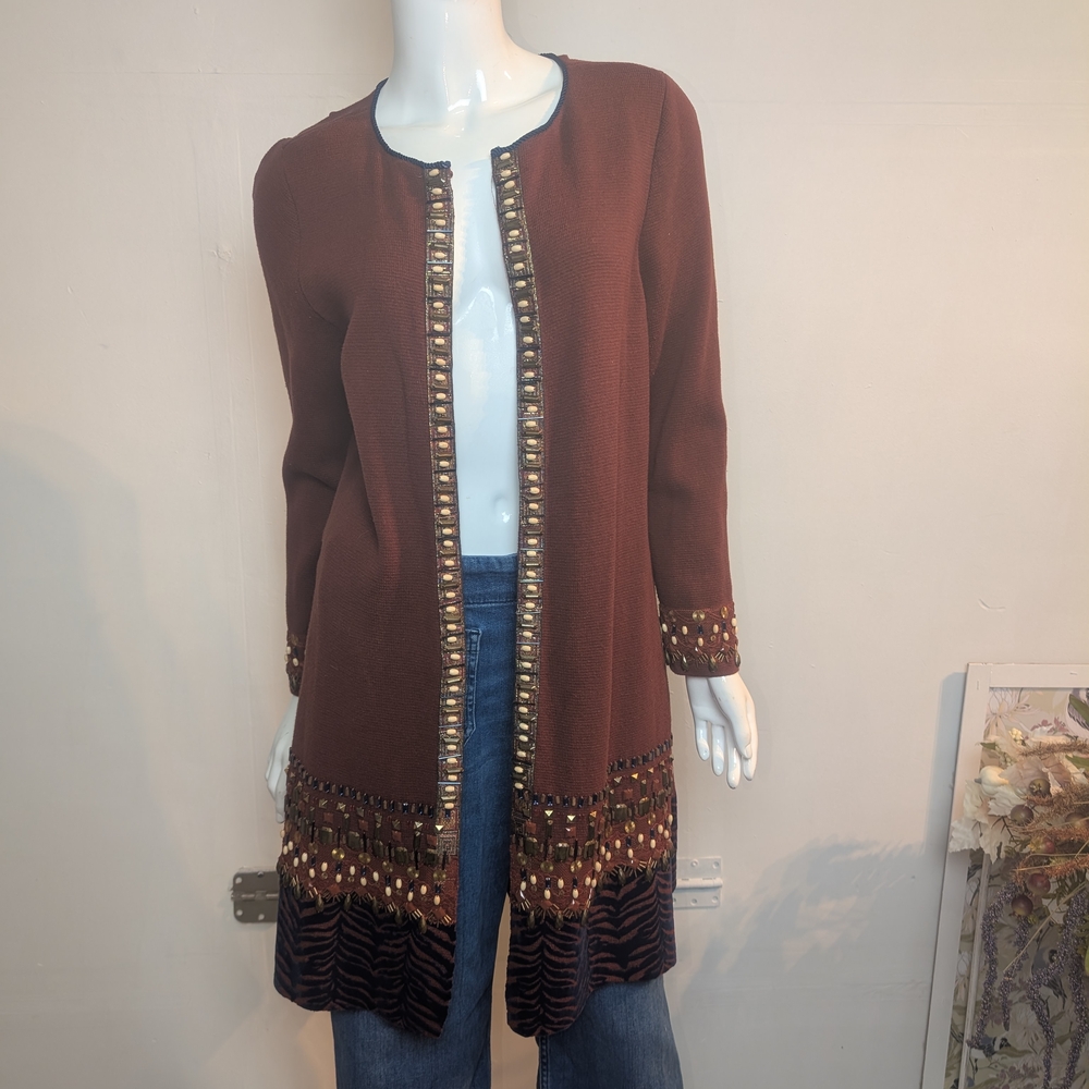 Chico's Open Front  Rich Burnt Orange /Brown Embellished Cardigan